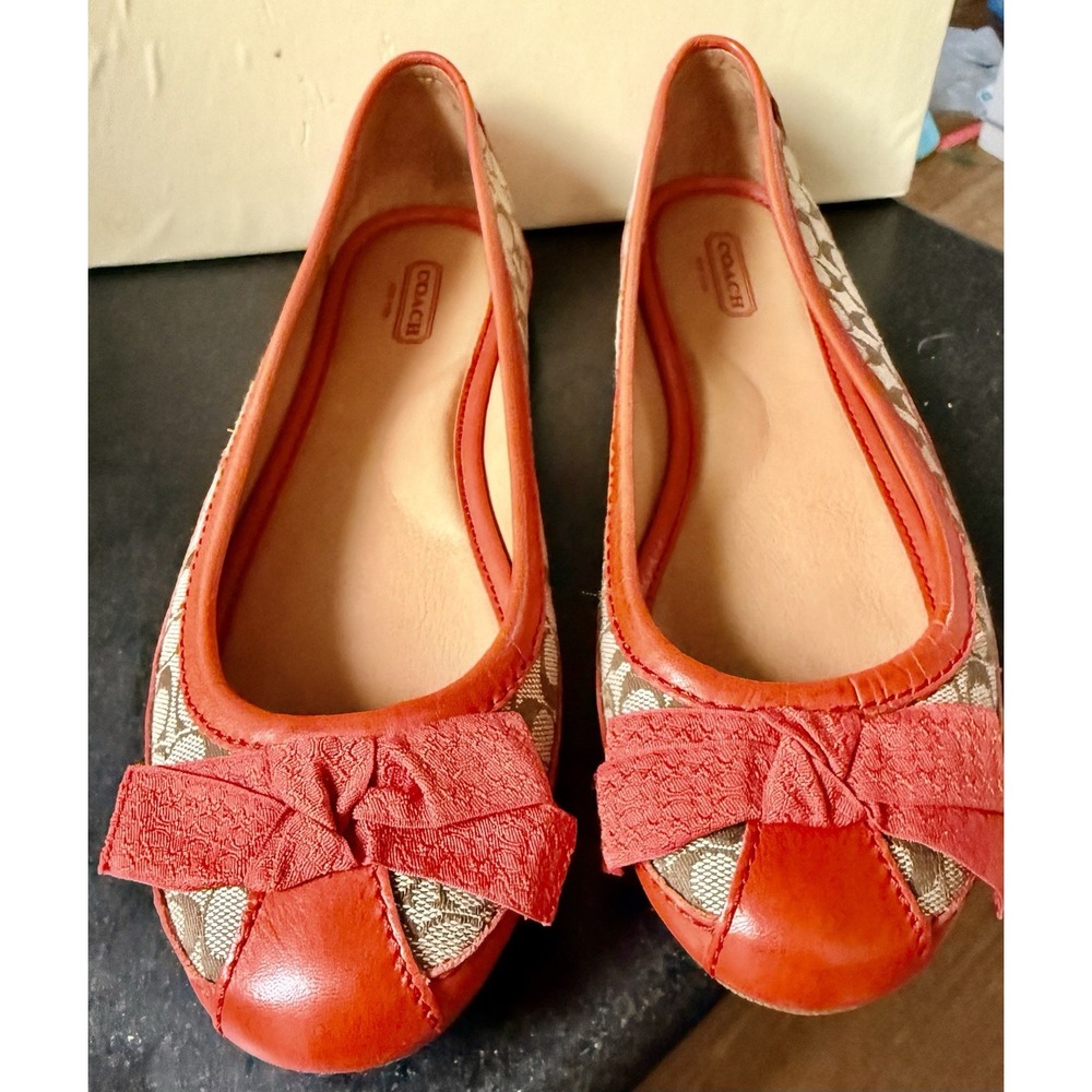 COACH Signature Canvas Ballet Flats Red Leather Bow Trim 7.5 NWOT